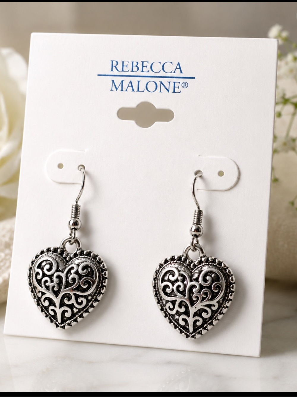NEW Rebecca Malone Silver-Tone Filigree Heart Drop Earrings